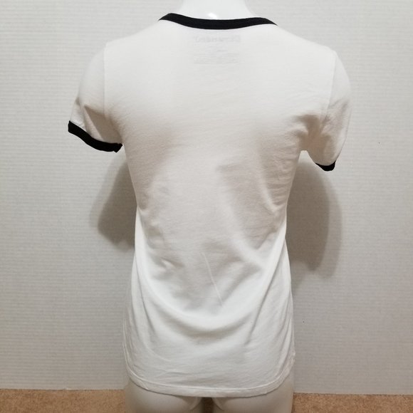 Stranded shirt Small Meowy Christmas cat graphic XMas holiday ringer novelty - Picture 3 of 12